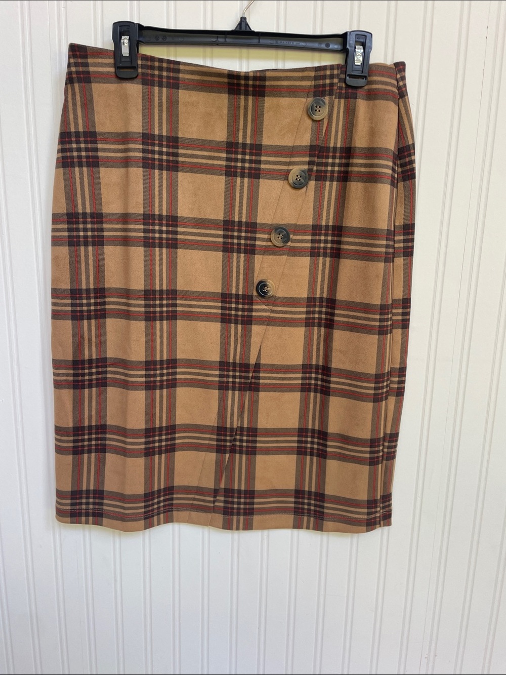 Classic Plaid Button-Front Women’s Skirt - Camel & Burgundy Size medium